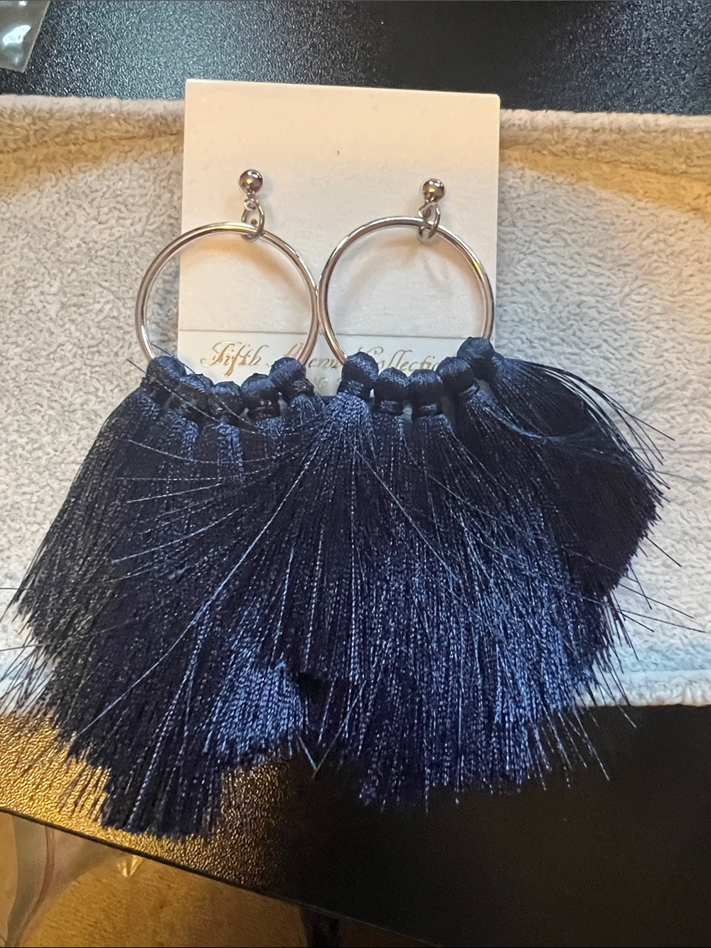 Navy Tassel Hoop Earrings – Statement Fringe Drop